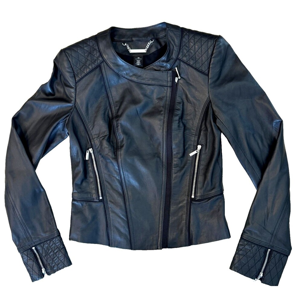 White House Black Market Leather Jacket Moto Quilted Black Zip Fitted XS Chic XS